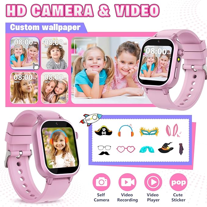 Vakzovy Kids Waterproof Smart Watch Girls Gift Age 4-12, Kids Watch with 39 Games Video Camera Music Player Alarm Clock Pedometer Calculator Habit Tracking Birthday Gift for 6 7 8 9 Year Olds Girls