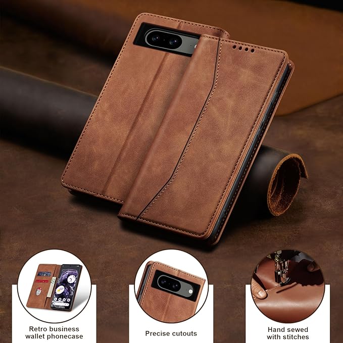 Jasonyu Flip Wallet Case for Google Pixel 8,Leather Magnetic Folio Cover with Card Holder,Kickstand - TPU Shockproof Durable Protective Phone Case,Brown