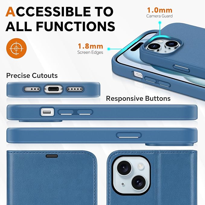 TUCCH Case Wallet for iPhone 15, Removable 2-in-1 Kickstand RFID Blocking 4 Card Slot Wireless Charging Protective Case, PU Leather Magnetic Detachable Folio Compatible with iPhone 15 6.1", Lake Blue