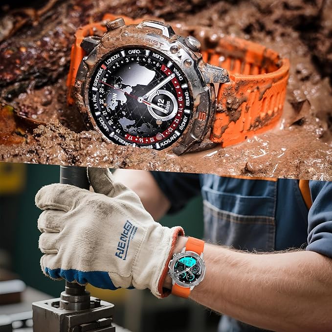 WalkerFit Military Rugged Smart Watch for Men 1.43" AMOLED Smartwatch, Always-on, 3ATM Waterproof for Swim, HR Sleep Monitor, Bluetooth Call Fitness Watch for iPhone Andriod Compatible, Silver Orange