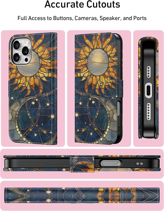 DEENAKIN for iPhone 16 Pro Max Wallet Case with Card Holder + Cash Clip, RFID-Blocking, Military-Grade Drop Protection, Magnetic Closure with Leather Kickstand - Solar Lunar Harmony