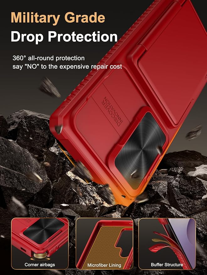 Vihibii for Samsung Galaxy S25 Ultra Wallet Case with Card Holder (4 Cards), [RFID Blocking] & Slide Camera Lens Cover & Raised Edges Protect Screen, Shockproof Cover for Samsung Galaxy S25 Ultra, Red