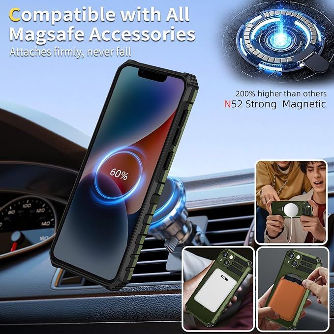 for iPhone 14 Case Magnetic Compatible with MagSafe Wireless Charging,with 2 Screen Protectors,Built-in Kickstand Ring,Shockproof Shock-Absorbent Scratch Resistant Heavy Duty Protection Green