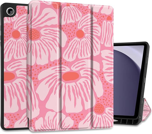 MEEgoodo Case for Samsung Galaxy Tab A9 Plus 11 inch Cover 2024 2023 with S Pen Holder, A9+ Smart Tablet Cases with Leather Trifold Stand+Soft TPU Back Shell+Smart Auto Wake/Sleep, Pink Style Floral