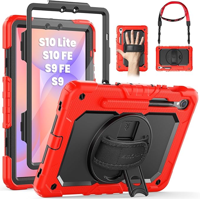 SEYMAC Case for Samsung Galaxy Tab S10 Lite/ S10 FE/ S9 FE/ S9 5G (10.9''/11''), Heavy Duty Shockproof Protective Case with Screen Protector, Rotating Stand, Hand Strap and Pen Holder, Red
