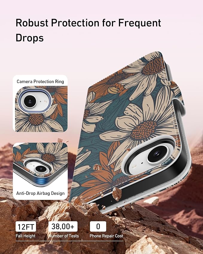 DEENAKIN for iPhone 16e Wallet Case with Card Holder + Cash Clip, RFID-Blocking, Military-Grade Drop Protection, Magnetic Closure with Leather Kickstand - Floral Daisy Pattern