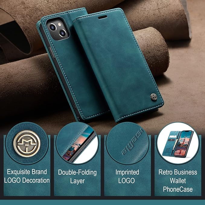 for iPhone 14 Case, Flip Wallet Leather Case with Card Holder Magnetic Closure Shockproof Kickstand Protective Phone Cases Cover for iPhone 14, Blue-Green