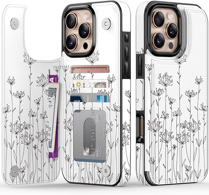 FUNMIKO for iPhone 16 Pro Max Wallet Case with Card Holder, RFID-Blocking, Military-Grade Protection & UV-Printed Artwork, Magnetic Closure with Leather Kickstand - Elegantly Sketched Flower
