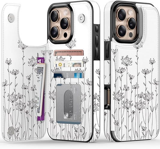 FUNMIKO for iPhone 16 Pro Max Wallet Case with Card Holder, RFID-Blocking, Military-Grade Protection & UV-Printed Artwork, Magnetic Closure with Leather Kickstand - Elegantly Sketched Flower
