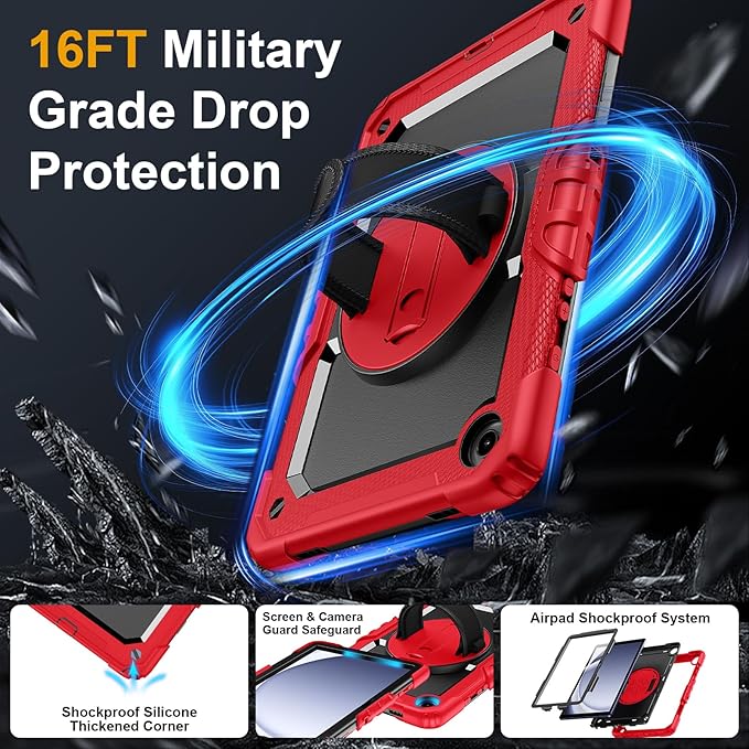 Case for Samsung Galaxy Tab A9+/A9 Plus 11 Inch 2023(SM-X210/X216/X218), Ubearkk Full-Body Drop Protection Case with Screen Protector, 360° Rotating Stand and Hand/Shoulder Strap, Red