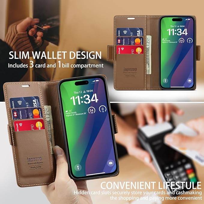 japezop iPhone 15 5G Wallet Case with [RFID Blocking],Card Holder Kickstand Magnetic,Leather Flip Case Wallet for iPhone 15 5G 6.1 Inch (Fashion Brown)