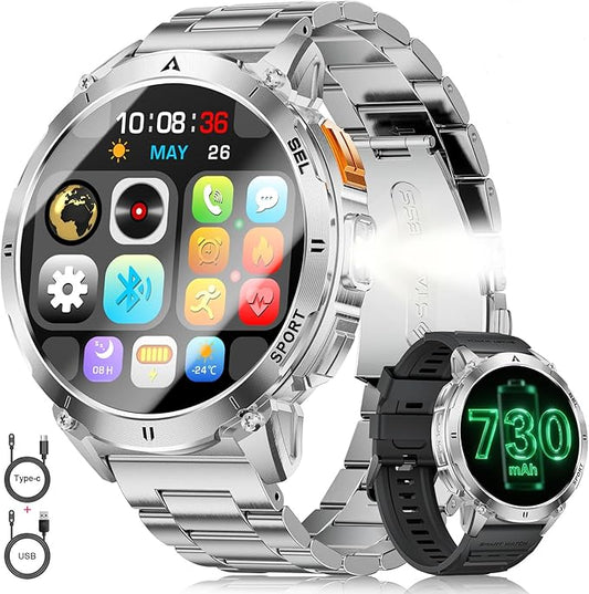 Smart Watches for Men Answer/Make Call, 1.62" AMOLED/730mAh Battery/LED Flashlight Military Smartwatch, 110+ Sports Modes IP68 Waterproof Fitness Tracker for Android iOS Silver