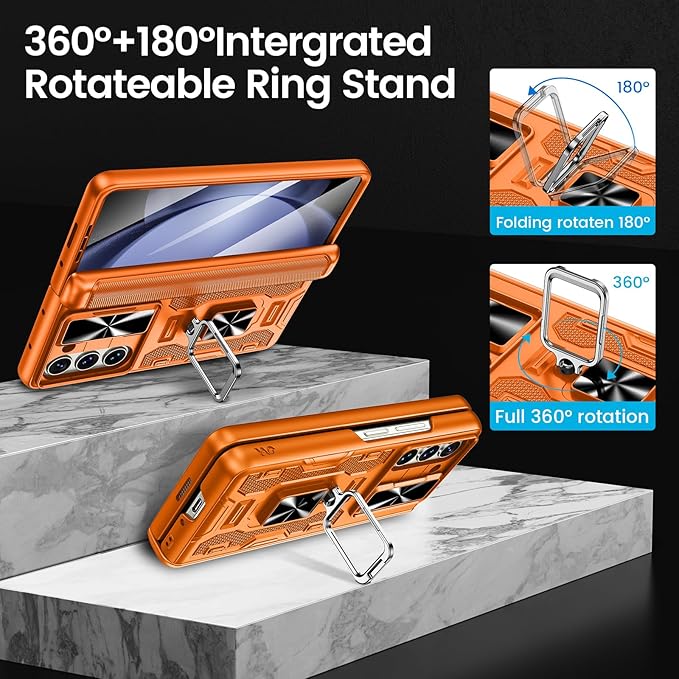VEGO for Galaxy Z Fold 5 Case with Belt Clip Holster, 360°Ring Magnetic Kickstand & Camera Cover & Front Screen Protector, Hinge Protection Shockproof Armor Cover - Orange