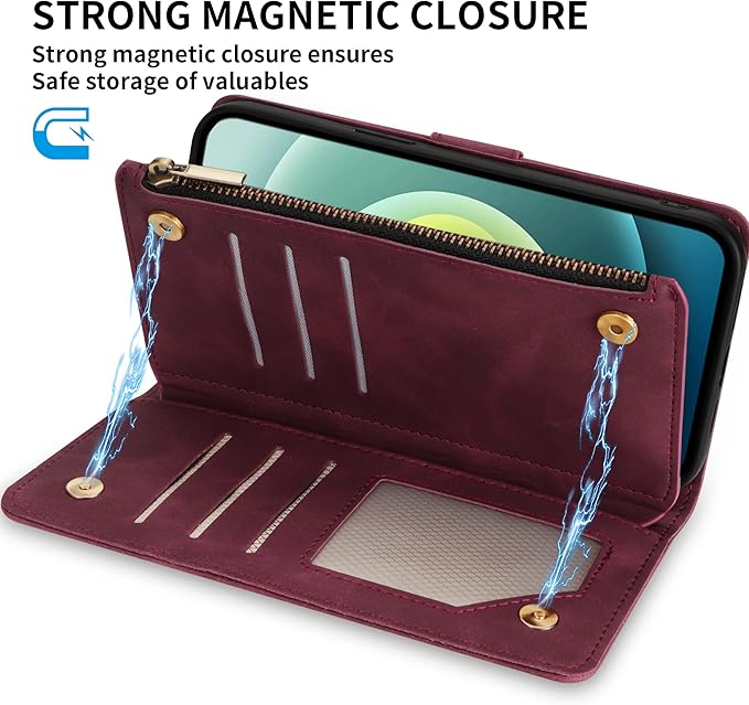 ZZXX for iPhone 12 Mini Wallet Case with Card Slot Premium Soft PU Leather Zipper Flip Folio Wallet with Wrist Strap Kickstand Protective for iPhone 12 Mini Case Wallet(Wine Red 5.4 inch)