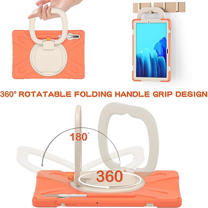 360 Rotation Portable Case for Galaxy Tab S8+/S7 FE/S7+ 12.4 Inch Case with S Pen Holder Rugged Case Rotating Stand Hand Strap Shoulder Carrying Strap Outdoor Cover (Orange)
