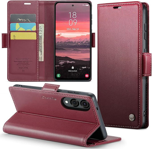 for Samsung Galaxy S25 Edge Case, Premium PU Leather Wallet Case Flip Cover with [RFID Blocking][Card Holder][Stand Function] Shockproof Protective for Samsung Galaxy S25 Edge, Red