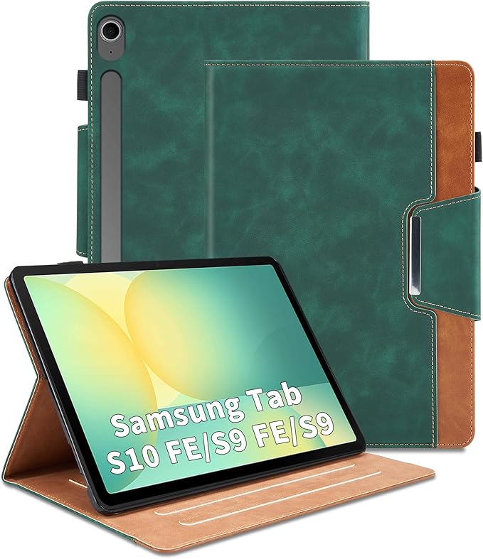 Case for Samsung Galaxy Tab S10 Lite/S10 FE/S9 FE 10.9 Inch/S9 11 Inch - Multi-Angle Stand Cover with Pocket, PU Leather Folio Case with Magnetic Clasp, Auto Wake/Sleep Smart Tablet Cover, Green