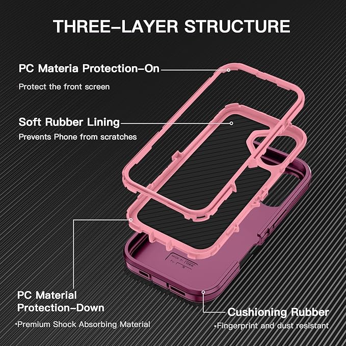 for iPhone 17 Case Shockproof Dust/Drop Proof 3-Layer Full Body Protection [Without Screen Protector] Rugged Heavy Duty Cover Case for Apple iPhone 17 6.3" 2025,Purple/Pink
