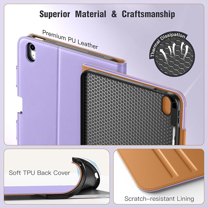 MoKo for iPad (A16) 11th Generation Case 11 inch 2025, iPad 10th Generation Case 10.9" 2022 with Pencil Holder & Pocket, Premium Leather Folio Stand Cover, Multiple Viewing Angles, Light Purple