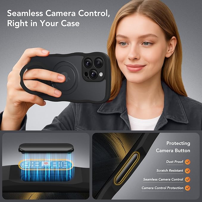 GolbinBox for iPhone 16 Pro Case for Women,[Compatible with Magsafe][360° Spin Magnetic Stand][Cute Wave Edge][Military-Grade Protection] Translucent Matte Phone Case for iPhone 16 Pro, Black