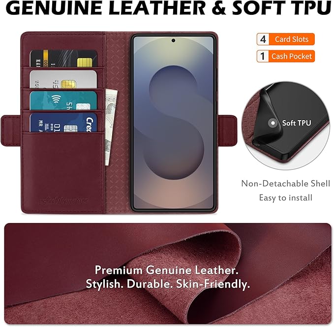 SHIELDON Wallet Case for Galaxy S25 Ultra 6.9", Genuine Leather Folio Magnetic Wallet Cover RFID Blocking Credit Card Holder Kickstand Shockproof Case Compatible with Galaxy S25 Ultra - Nappa Wine Red