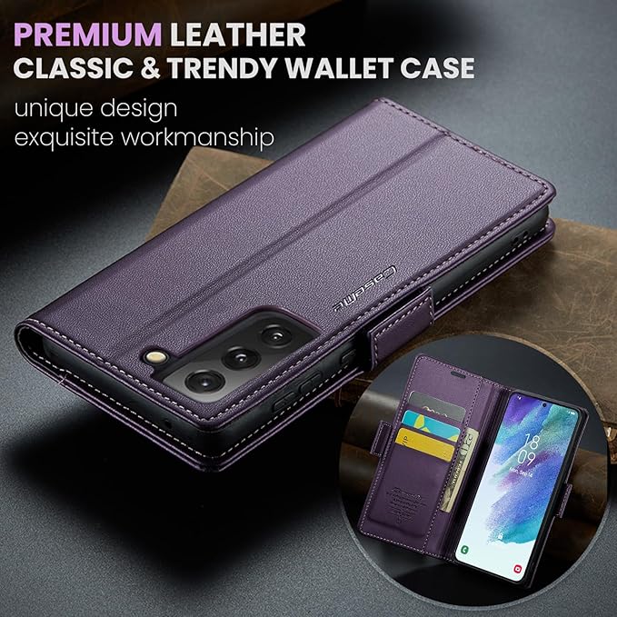 Case for Samsung Galaxy S21 FE Wallet Case, RFID Blocking PU Leather Flip Folio Cover Card Holder Kickstand Shockproof Phone Case Compatible with Samsung Galaxy S21 FE, Purple