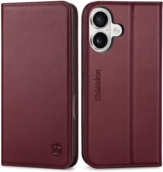 SHIELDON Wallet Case for iPhone 17 6.3-inch 2025 | Genuine Leather | Flip Magnetic | RFID Blocking Card Holder | Kickstand | Shockproof | Soft Shock-Absorbent Phone Cover | Wine Red