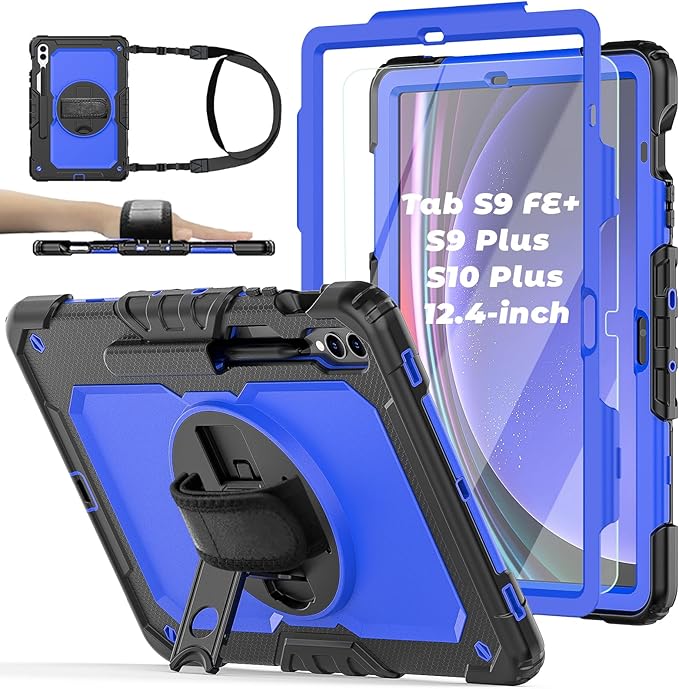 Case for Samsung Galaxy Tab S10 Plus/ S9 FE Plus/ S9 Plus 5G Case 12.4" with Tempered Glass Screen Protector, Rotatable Kickstand/Hand & Shoulder Strap/S Pen Holder (Blue)
