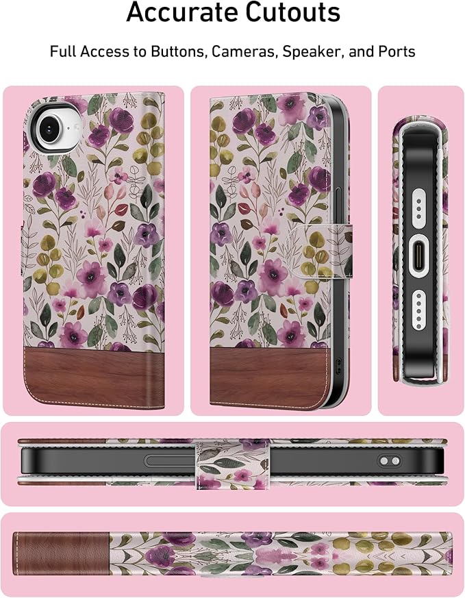 DEENAKIN for iPhone 16e Wallet Case with Card Holder + Cash Clip, RFID-Blocking, Military-Grade Drop Protection, Magnetic Closure with Leather Kickstand - Floral Wallpaper