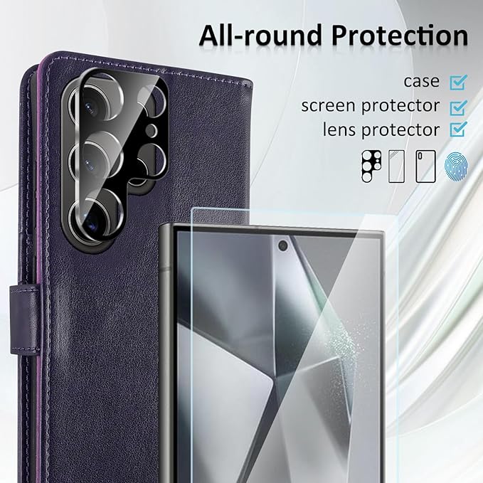 MONASAY Wallet Case Fit for Samsung Galaxy S24 Ultra 5G，[Lens & Glass Screen Protector] [RFID Blocking] Flip Folio Leather Cell Phone Cover with Credit Card Holder, 6.8 inch, Purple