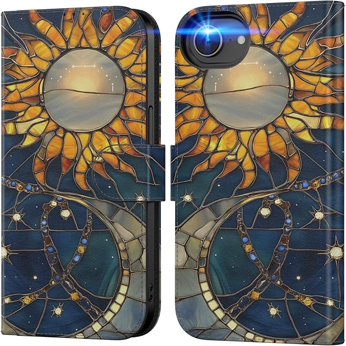DEENAKIN for iPhone 16e Wallet Case with Card Holder + Cash Clip, RFID-Blocking, Military-Grade Drop Protection, Magnetic Closure with Leather Kickstand - Solar Lunar Harmony