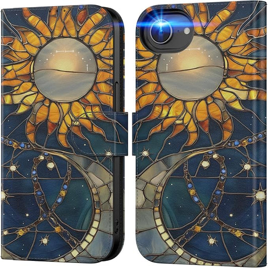 DEENAKIN for iPhone 16e Wallet Case with Card Holder + Cash Clip, RFID-Blocking, Military-Grade Drop Protection, Magnetic Closure with Leather Kickstand - Solar Lunar Harmony