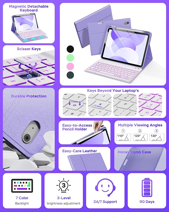 Folio Keyboard Case for iPad 10th Gen 10.9 inch (2022) and iPad 11th (A16, 2025), Magnetic Wireless Detachable Keyboard, 7-Color Backlight, Thin & Light, Pencil Holder (Purple)