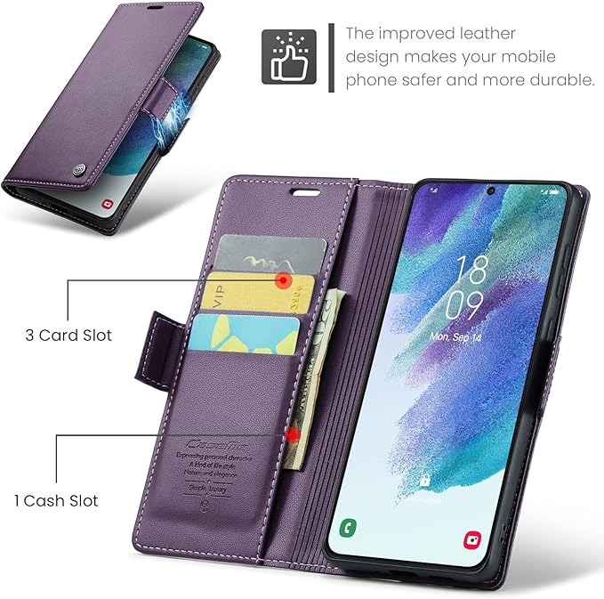 AUPAI for Samsung Galaxy S21 FE Wallet Case with Credit Card Holder, PU Leather RFID Blocking Folio Flip Kickstand Magnetic Clasp Protective Phone Cover for Women Men Purple