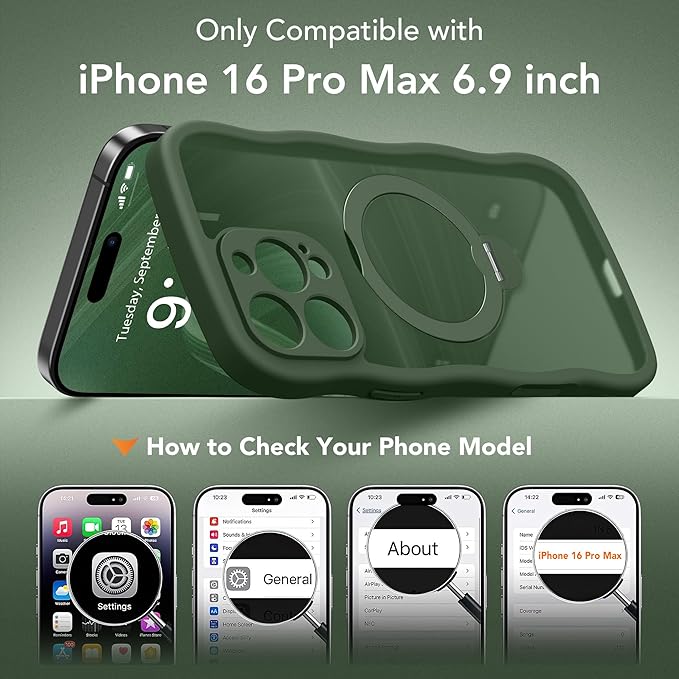 GolbinBox for iPhone 16 Pro Max Case for Women,[Compatible with Magsafe][360° Spin Magnetic Stand][Cute Wave Edge][Military-Grade Protection] Translucent Matte Phone Case for iPhone 16 ProMax, Green