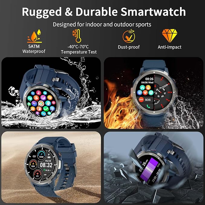 Smart Watches for Men with 4 Buttons, 1.43'' AMOLED Fitness Watch with Heart Rate/BP/Sleep Tracker, Pedometer, 110+ Sport Modes, Password, Waterproof Military Smart Watch for Android iOS