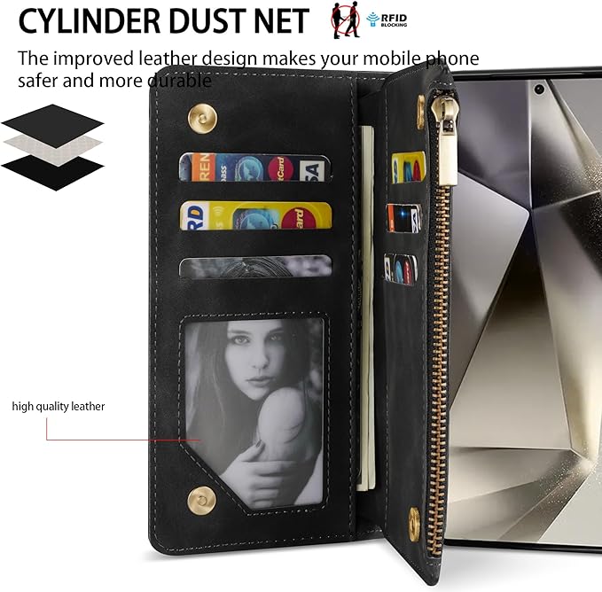 ZZXX for Samsung Galaxy S24 Ultra Wallet Case with RFID Blocking Card Slot PU Leather Zipper Flip Folio with Strap Kickstand Protective Cover for Samsung Galaxy S24 Ultra Case Wallet(Black-6.8 inch)