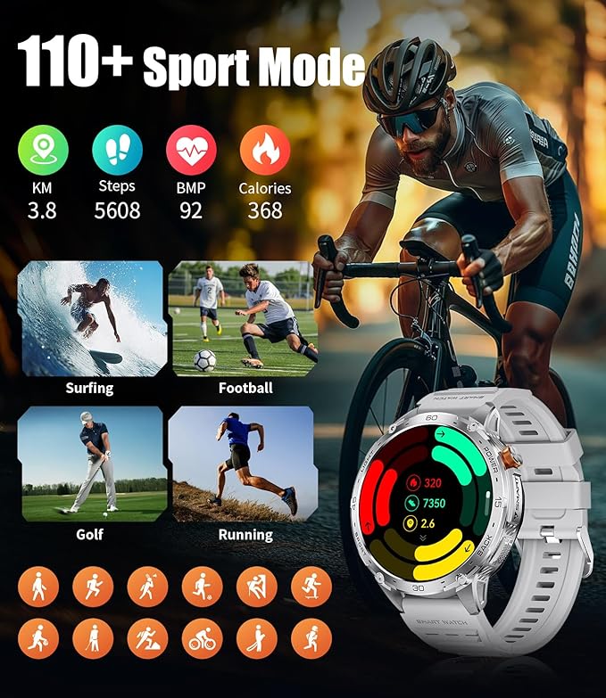 LIGE 1.75" Super Large AMOLED Round Smart Watches for Men with LED Flashlights, Outdoor Military Smartwatch for Android iOS, 100+ Sports, IP68 Waterproof, 200+ Watch Faces, 730mAh, Silver Metal Strap