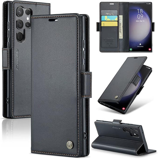 AUPAI for Samsung Galaxy S23 Ultra Wallet Case with Credit Card Holder, PU Leather RFID Blocking Folio Flip Kickstand Magnetic Clasp Protective Phone Cover for Women Men Black