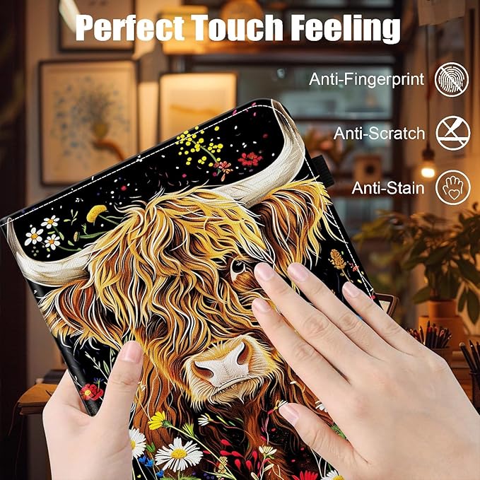 Case for Samsung Galaxy Tab S9 FE 5G 10.9 Inch/Galaxy Tab S9 11 Inch 2023,Card Slot PU Leather TPU Case Pen Holder Auto Wake Sleep,Highland Cow Flowers