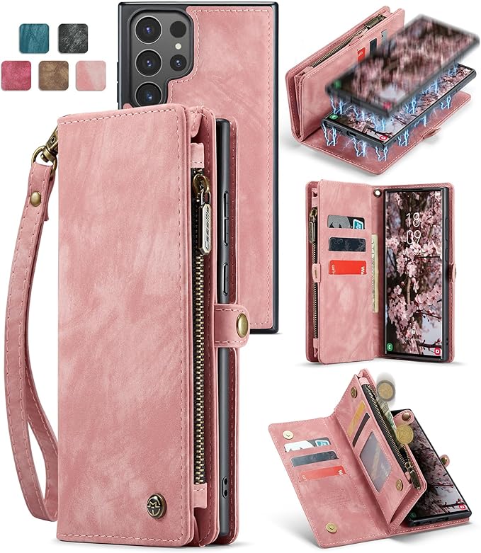 SZHAIYU 2 in 1 Detachable for Samsung Galaxy S24 Ultra Wallet Case with Card Holder, Retro Premium Flip Leather Cover Magnetic Zipper Pocket Phone Cases 6.8'' (Pink, S24 Ultra)