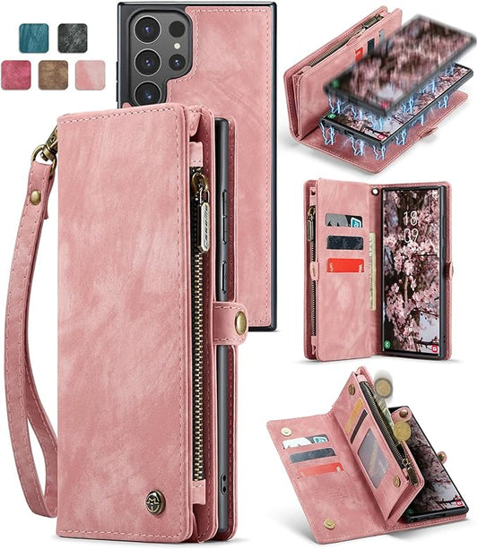 SZHAIYU 2 in 1 Detachable for Samsung Galaxy S24 Ultra Wallet Case with Card Holder, Retro Premium Flip Leather Cover Magnetic Zipper Pocket Phone Cases 6.8'' (Pink, S24 Ultra)
