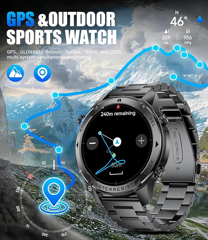 LIGE GPS Military Smart Watch for Men, Compass GPS Running Watch, 170+ Sport Modes Fitness Tracker Watch, 1.43'' AMOLED Smart Watches, Rugged Smart Watch for Android iOS