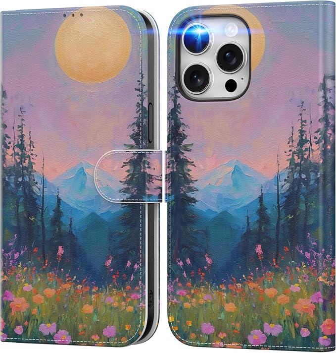 DEENAKIN for iPhone 15 Pro Max Wallet Case with Card Holder + Cash Clip, RFID-Blocking, Military-Grade Drop Protection, Magnetic Closure with Leather Kickstand - Mountain Blossom Glow