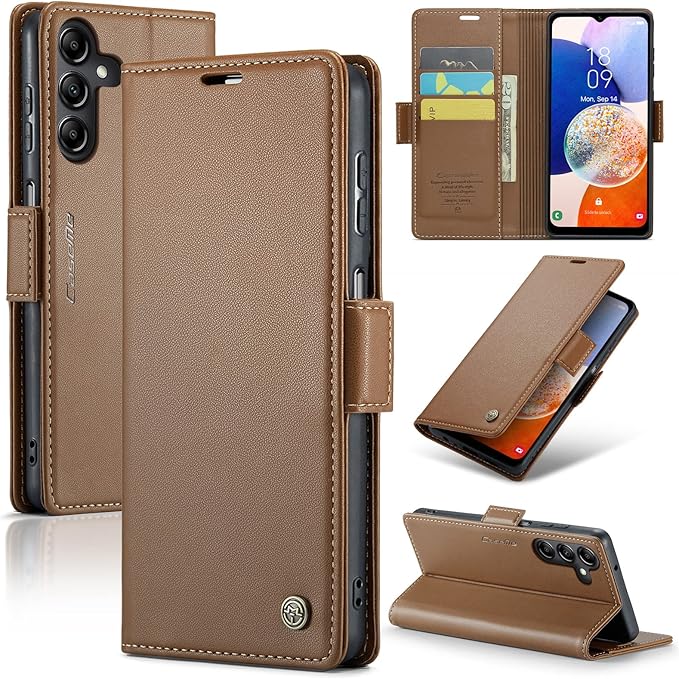 for Samsung Galaxy A14 4G/5G Case, Premium PU Leather Wallet Case Flip Cover with [RFID Blocking][Card Holder][Stand Function] Shockproof Protective for Samsung Galaxy A14, Brown