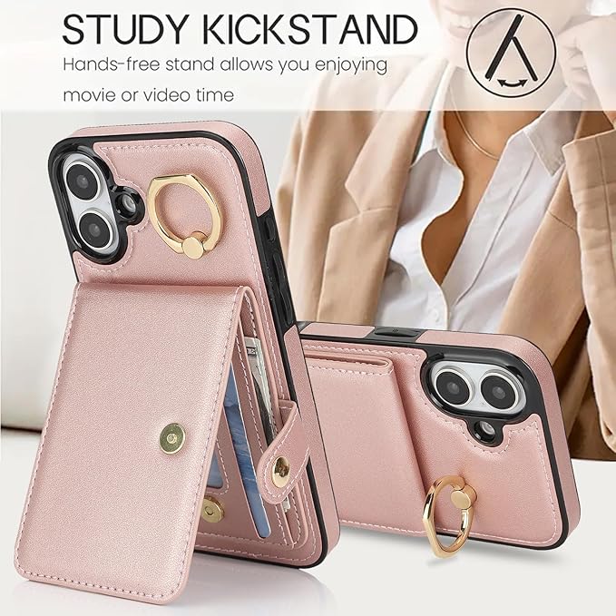 Compatible iPhone 16 Plus Wallet Case with Card Holder RFID Blocking PU Leather Doubles as a Wallet Unisex Flip Shockproof Protection with Card Slots Ring Wrist Kickstand Function,Rose Gold