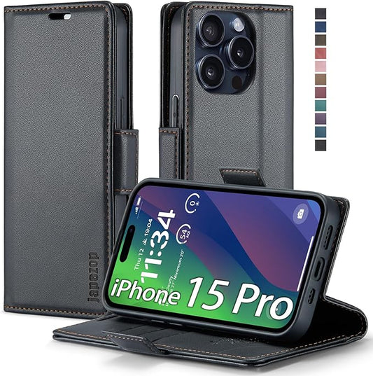 japezop iPhone 15 Pro 5G Wallet Case with [RFID Blocking],Card Holder Kickstand Magnetic,Leather Flip Case Wallet for iPhone 15 Pro 5G 6.1 Inch (Fashion Black)