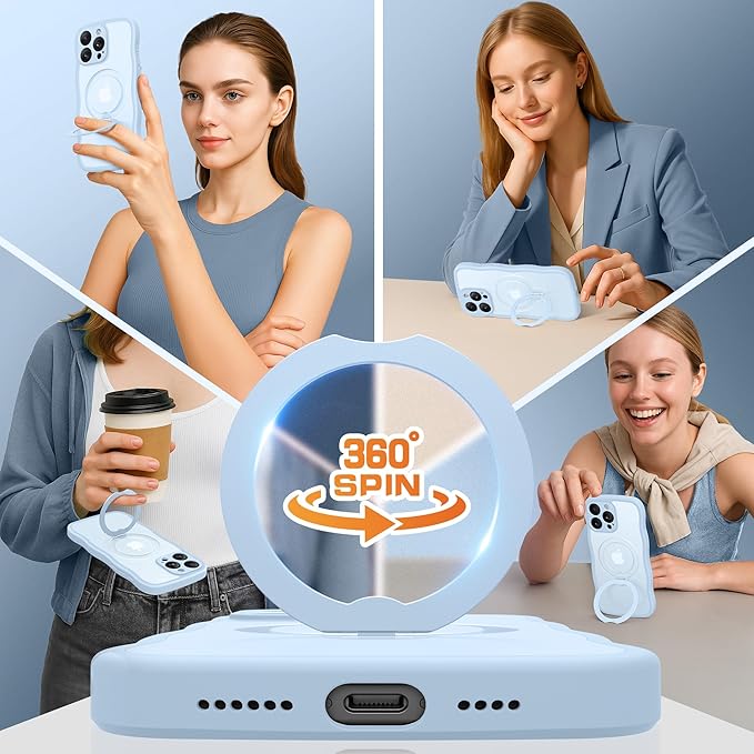 GolbinBox for iPhone 15 Pro Max Case,[Compatible with Magsafe][360°Magnetic Stand][Cute Wave Edge][18ft Military-Grade Protection] Translucent Matte Women Phone Cover for iPhone 15 Promax, Baby Blue