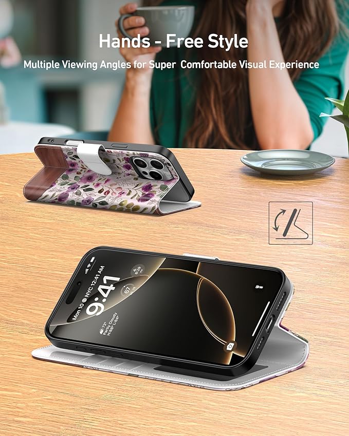 DEENAKIN for iPhone 16 Pro Wallet Case with Card Holder + Cash Clip, RFID-Blocking, Military-Grade Drop Protection, Magnetic Closure with Leather Kickstand - Floral Wallpaper