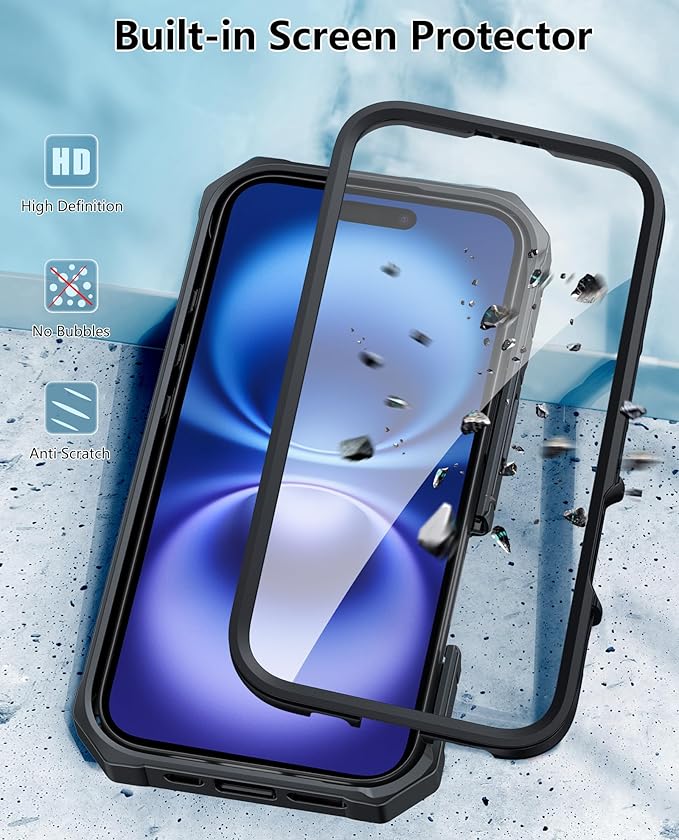 FNTCASE for iPhone 16 Phone Case: Rugged Protective Belt Clip Holster Heavy Duty with Built in Kickstand & Built-in Screen Protector | 360 Full Protection Shockproof Cover, 6.1inch (Black)